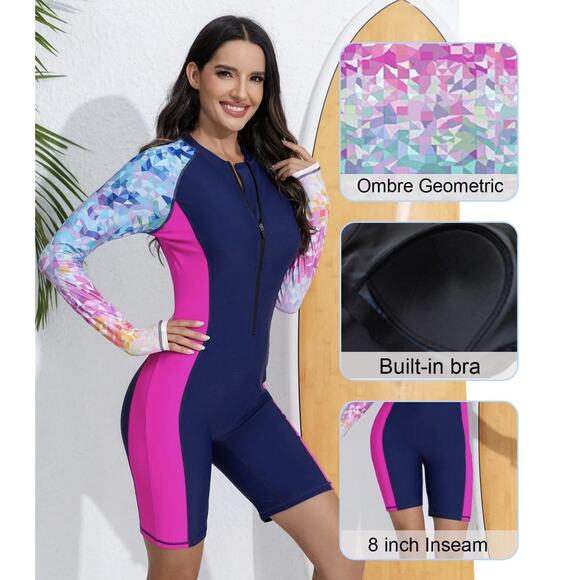 Women's Boyleg One Piece Rash Guard with Built in Bra UPF50+ Zip Long Sleeve NWT - Picture 5 of 8